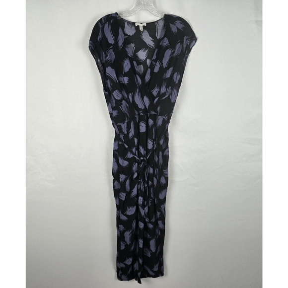 Leith Jumpsuit Women's XL Black Purple Feather Wrap Cap Sleeve Wide Leg Belt - Picture 1 of 13